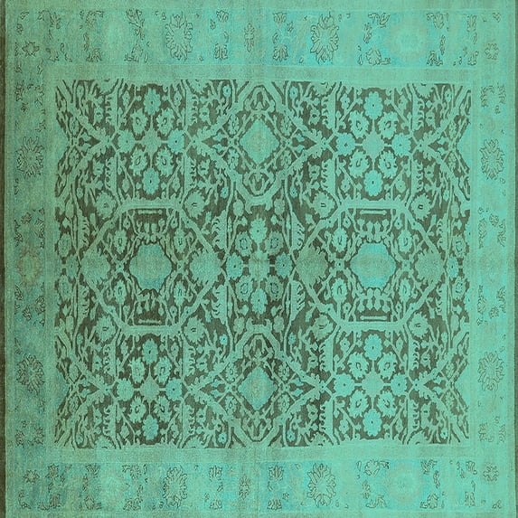 Ahgly Company Machine Washable Indoor Square Oriental Turquoise Blue Traditional Area Rugs, 6' Square