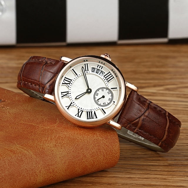 Round Lady Analog Round Quartz Leather Strap Date Mira La Correa De La Pulsera Clásica De La Pulsera
