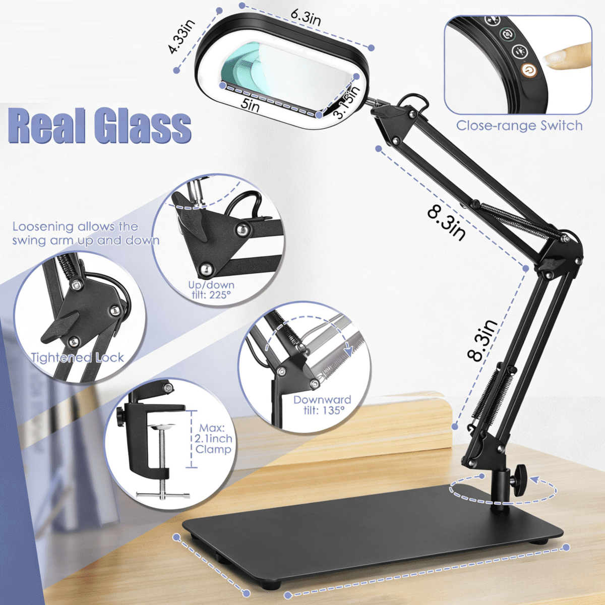 Veemagni Square Magnifying Glass with Light and Stand - Real Glass LED Magnifier with Clamp, 5 Color Modes Stepless Dimmable Hands-Free Desk Lamp for Reading Craft Hobby Close Work - Black