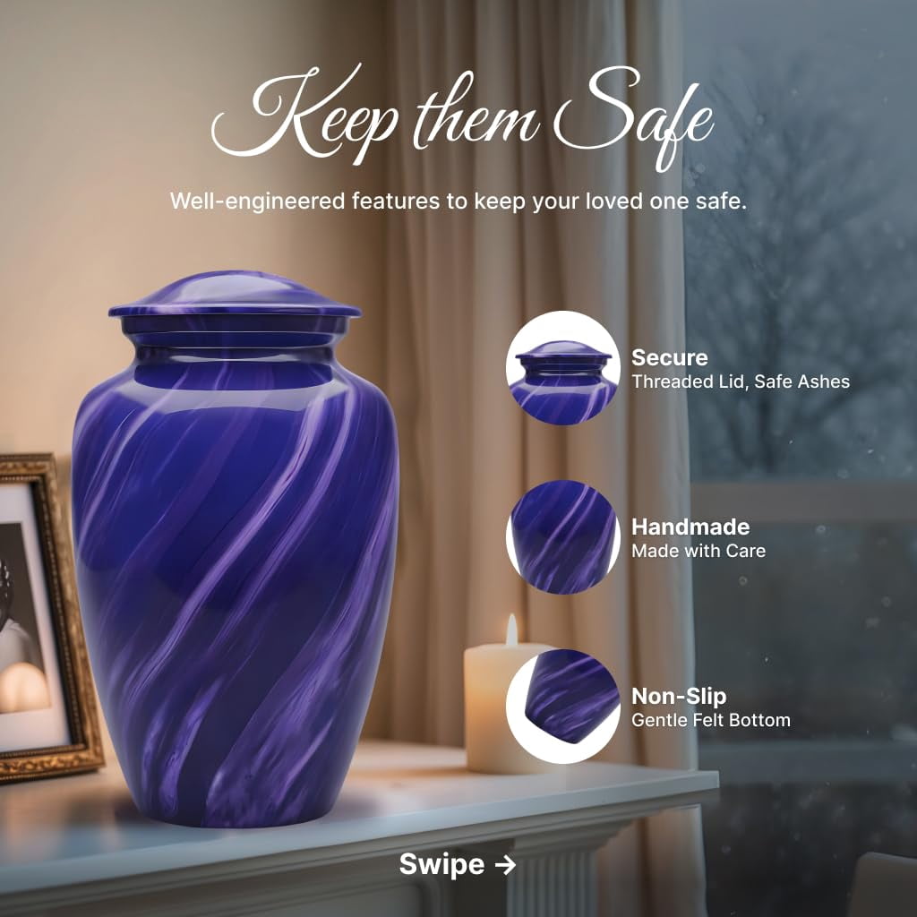 Set of 6 Purple Marble Cremation Urns for Human Ashes Includes 1 Large Urn with 4 Small Keepsakes & 1 Silver NecklaceUrn