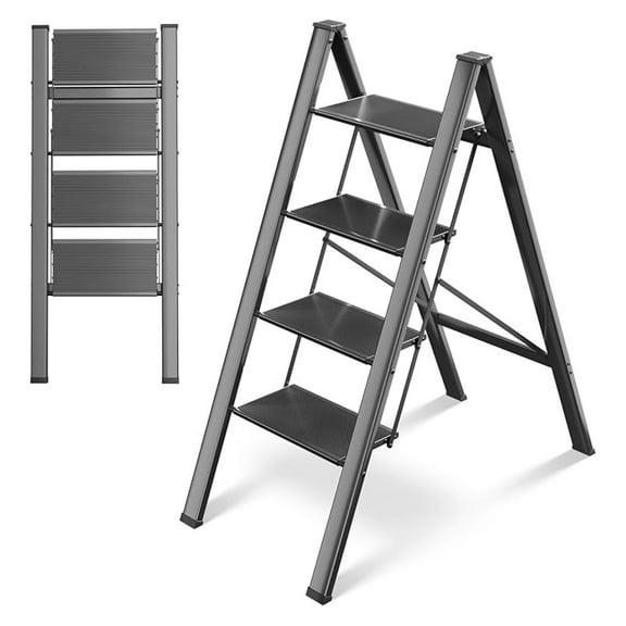 4 Step Folding, Aluminum , Portable Step Stool with Anti-Slip Wide Pedal, 330LBS Capacity, Lightweight Stepladder for Kitchen, Office, Home, Garage (Black)