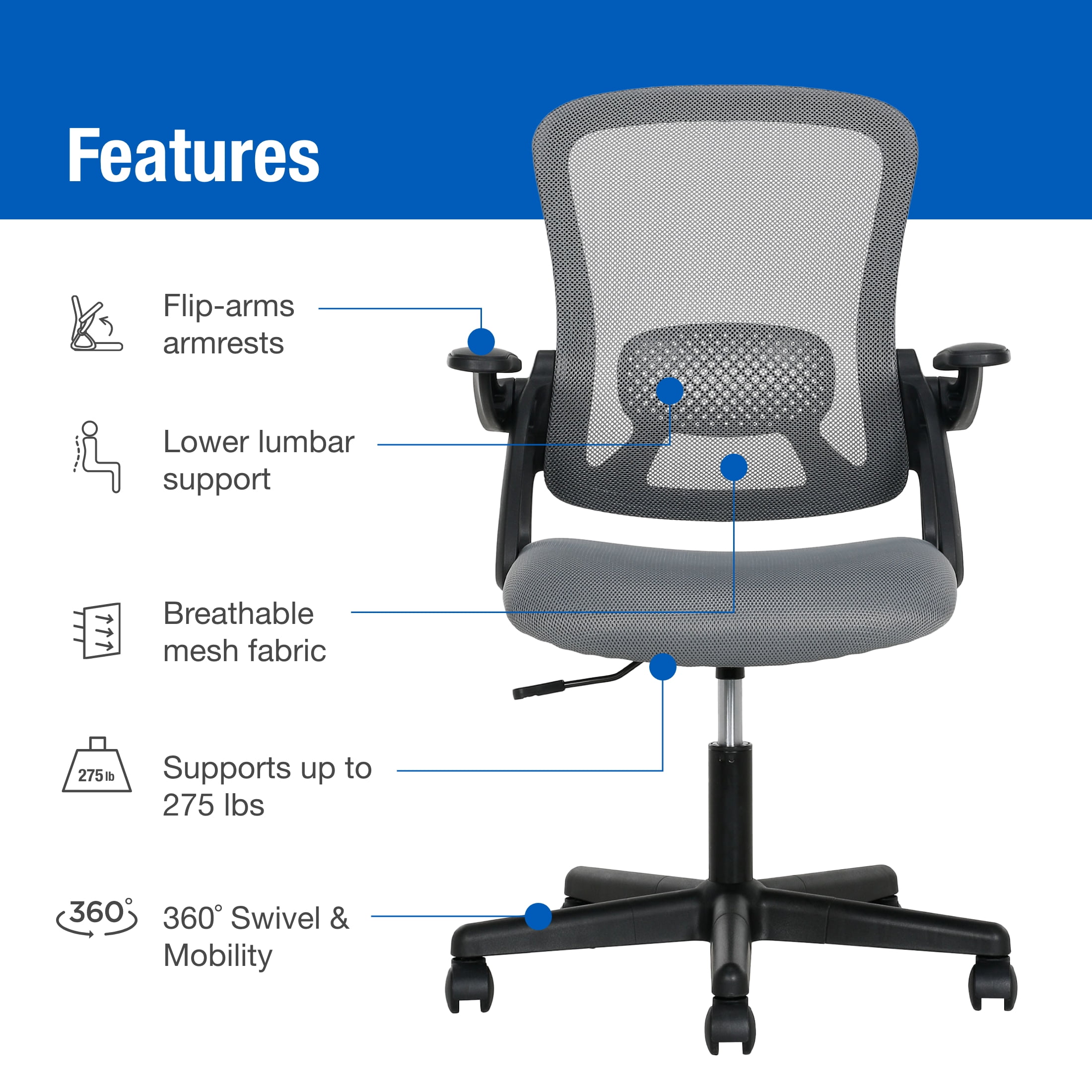 Mainstays Ergonomic Mesh Back Office Chair with Flip Up Arms for Adults, Grey Fabric, 275lb