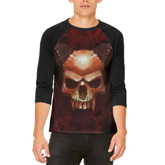 Halloween Horned Demon Skull From Hell Mens Raglan T Shirt White-Black LG