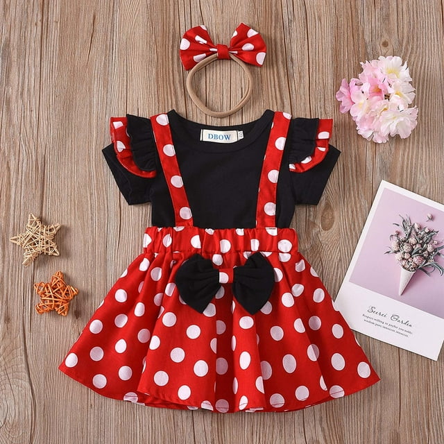 ¡Liquidación en AURIGATE! Conjunto de 3 piezas para bebé, niña pequeña, vestido con lazo y diadema de lunares.