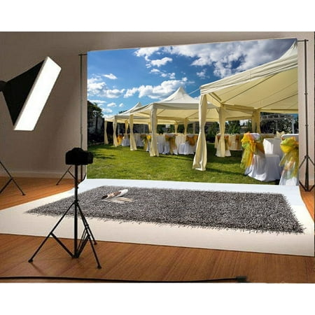 Image of GreenDecor Party Backdrop 7x5ft Photography Background Grass Land Chairs Blue Sky Chairs Tent Wedding Video Studio Props