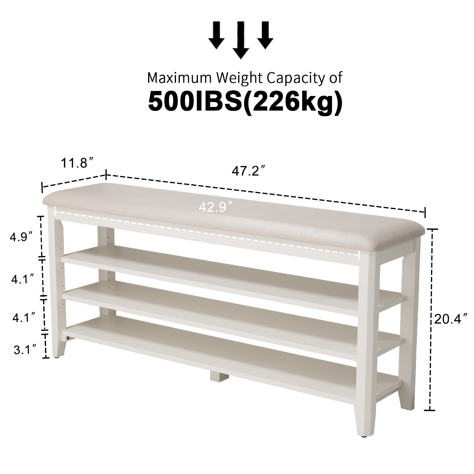 Muwuele 3-Tier Shoe Rack with Leather Cushion, Shoe Organizer Storage with Adjustable Shelves, White Wood Shoe Bench for Entryway, Mudroom, 47.2"W