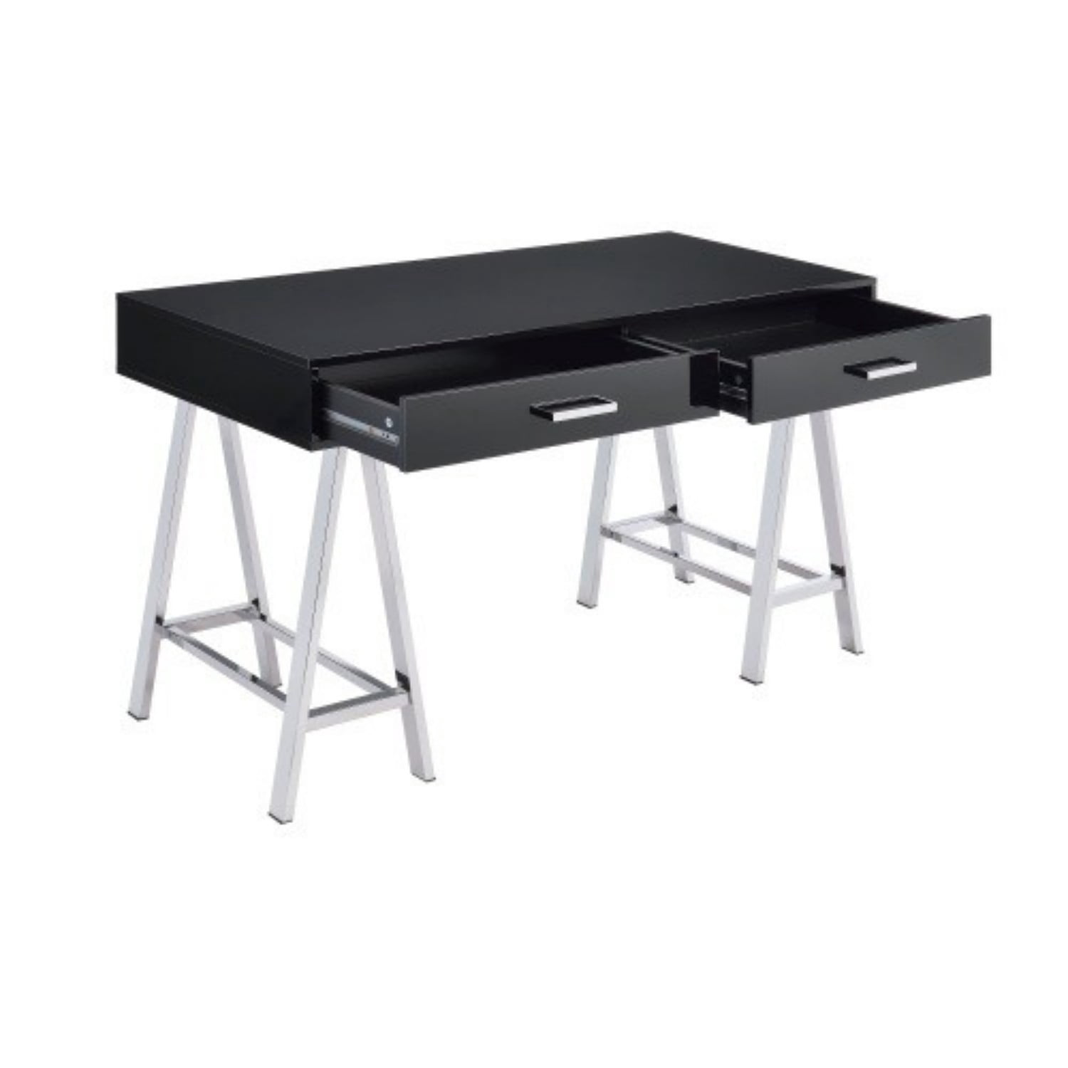 Modern Writing Desk with USB Ports, Black High Gloss Computer Desk with 2 Drawers & Chrome Metal Frame for Home Office Study