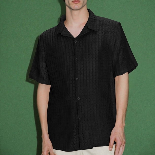 Blusa y camisa de manga corta con cuello vuelto para hombre, de color liso, holgada, informal, a la moda, con botones, de manga corta y cuello vuelto, blusa de poliéster para hombre