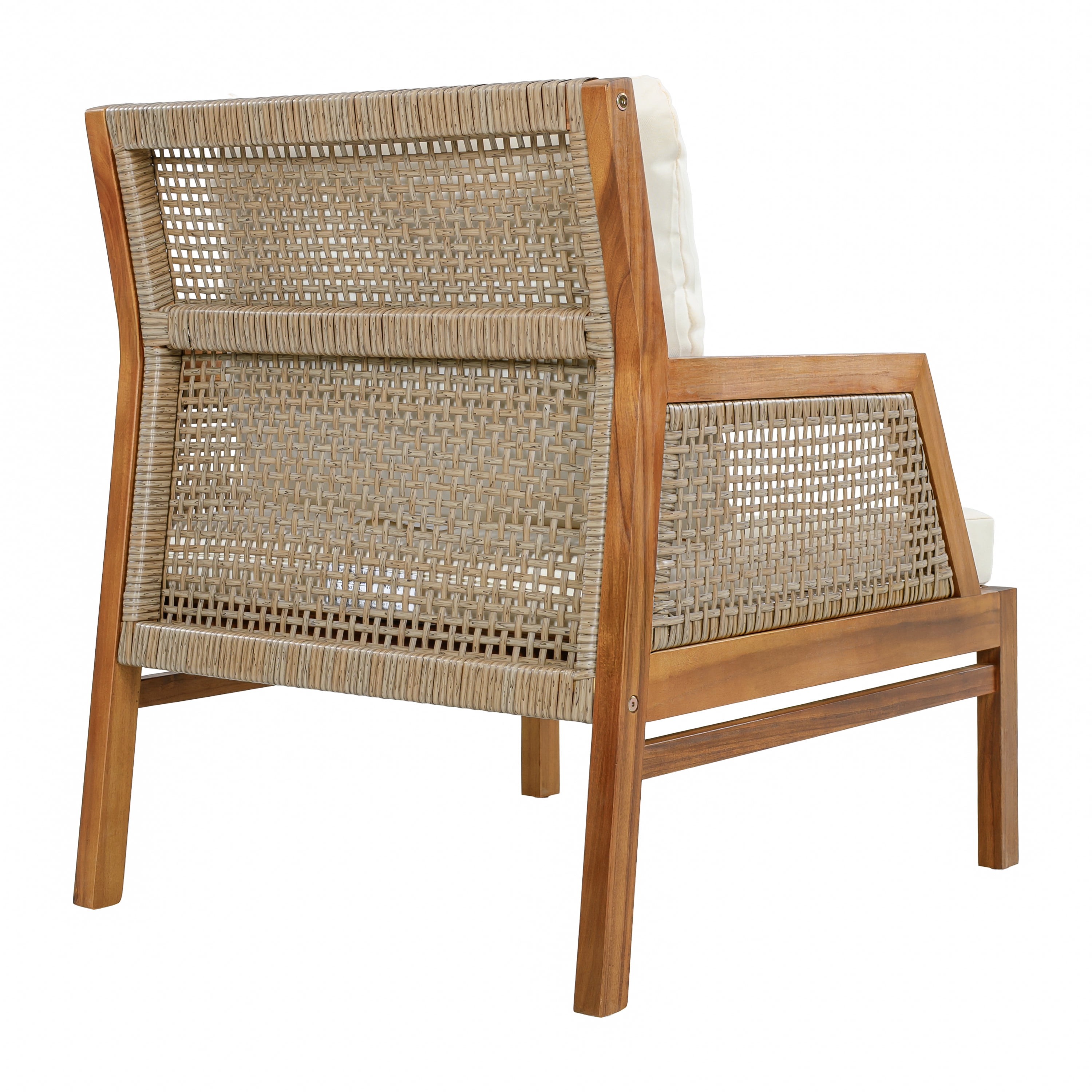 Outdoor Patio Club Chair with Acacia Wood and Hand-Woven Flat Wicker, Deep Seating Armchair and Garden Chair with Soft Cushions for Backyard Balcony, Teak and Cream