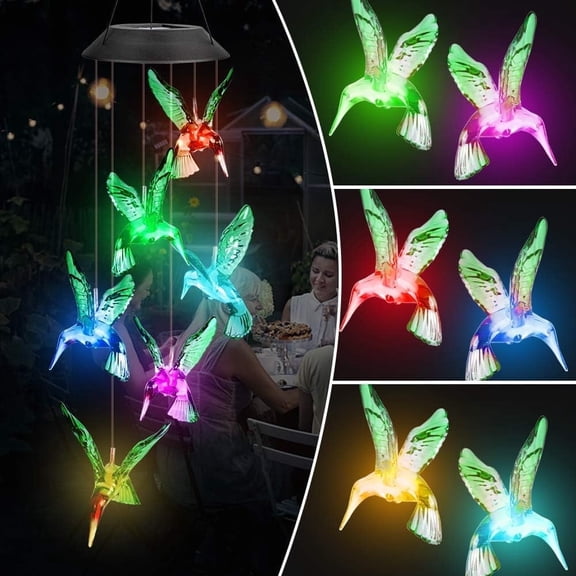 Solar Hummingbird Wind Chimes,Color Changing Solar Wind Chimes for Outside Garden Decor,Waterproof Solar Powered Wind Chime Light Outdoor