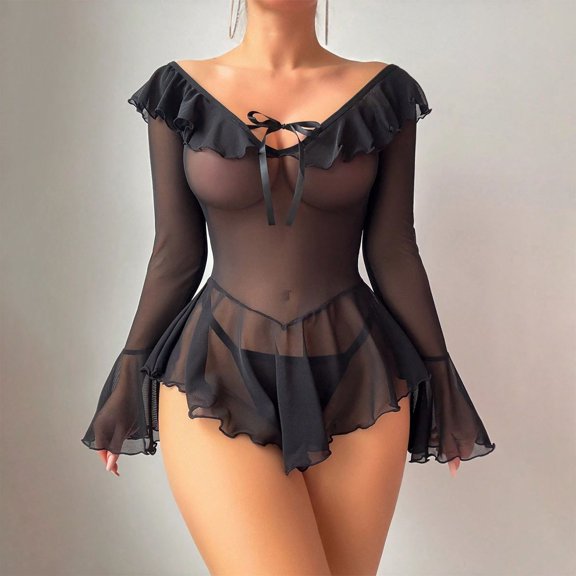 uublik Women Pajamas Mesh Set Valentine's Day Night Gowns Soft Loungewear Sleepwear Black