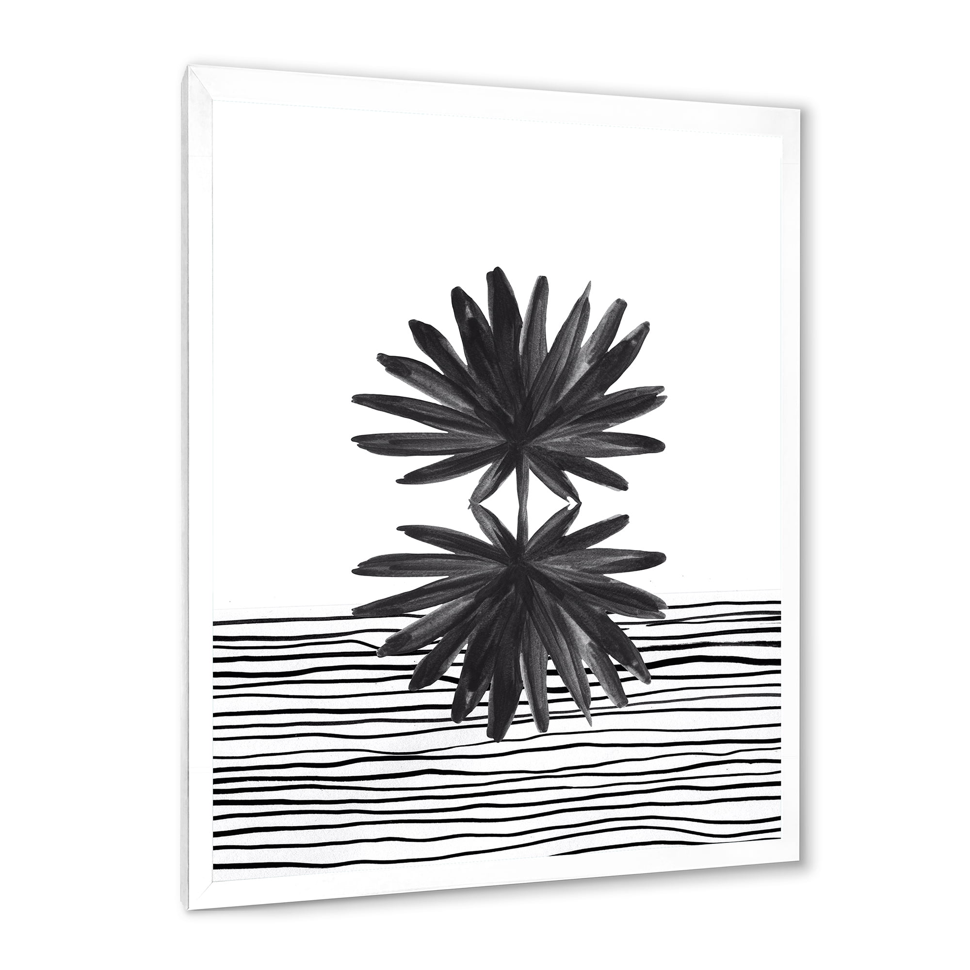 Designart 'Black and White Striped Under Tropical Leaf II' Modern Framed Art Print