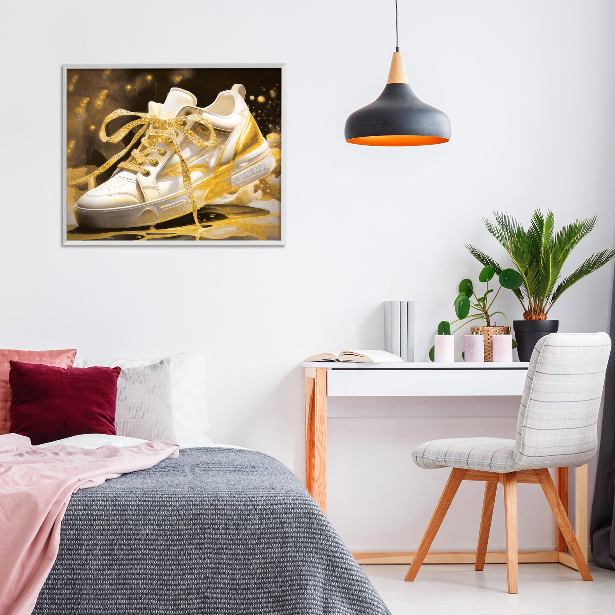 Stupell Industries Splashy Gold Sneaker White Framed Giclee Art, design by Grotto Studios