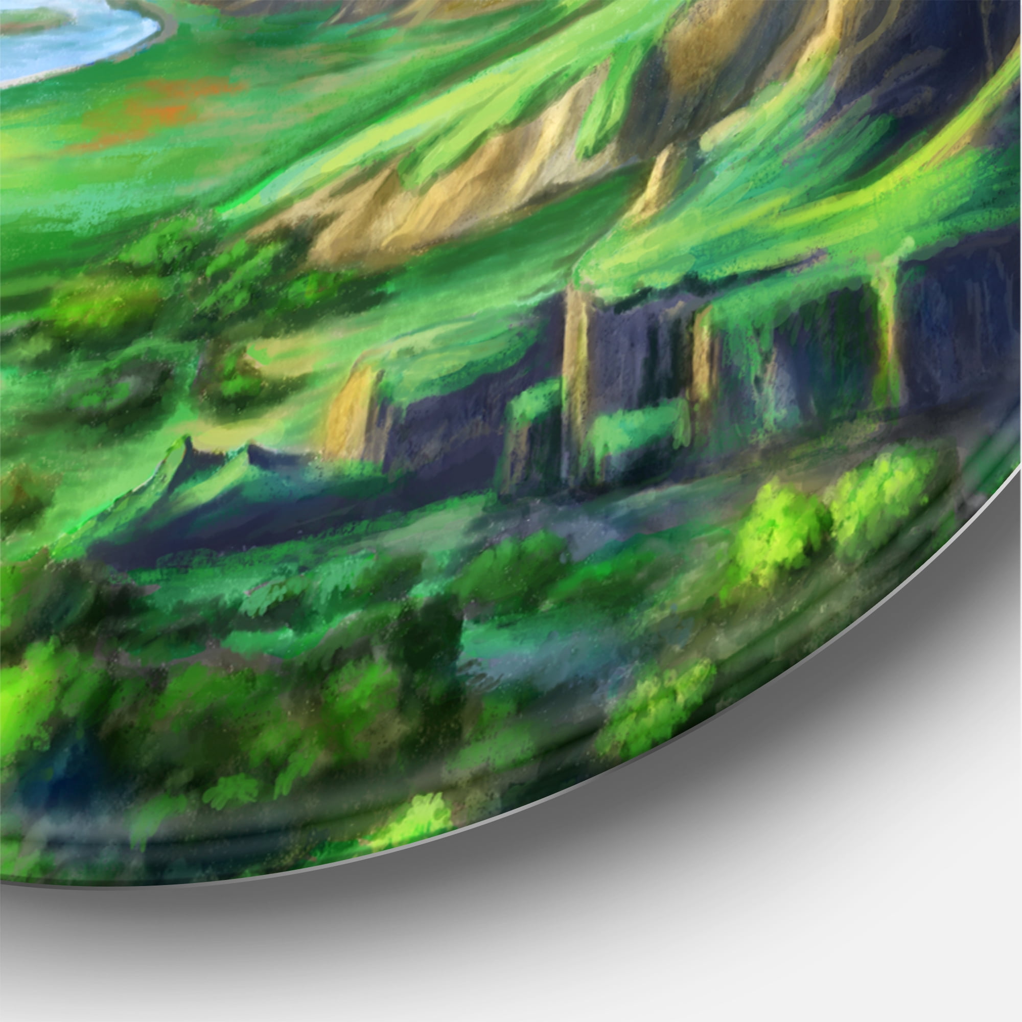 Designart 'Meandering River With Blue Fantasy Landscape' Lake House Circle Metal Wall Art 36x36 - Disc of 36