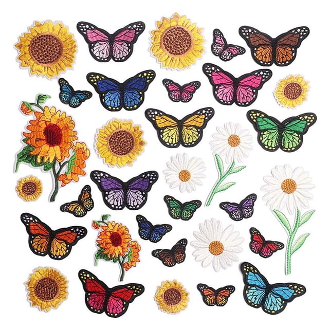 Embroidered Flowers Iron on Patches for Clothing,33PCS Sew on Sunflower Butterfly Applique for Clothes Dress Hat Jeans