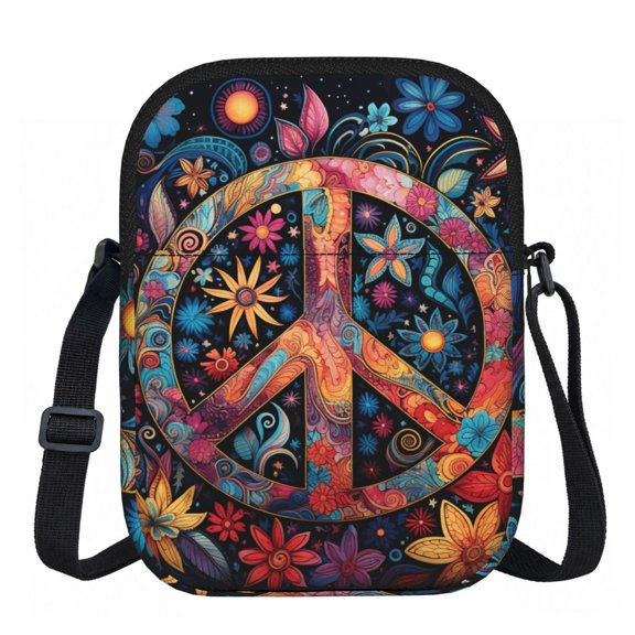 Peace Sign Hippy Art Zipper Crossbody Bag Everyday Travel Pouch Adjustable Strap Commuter Bags