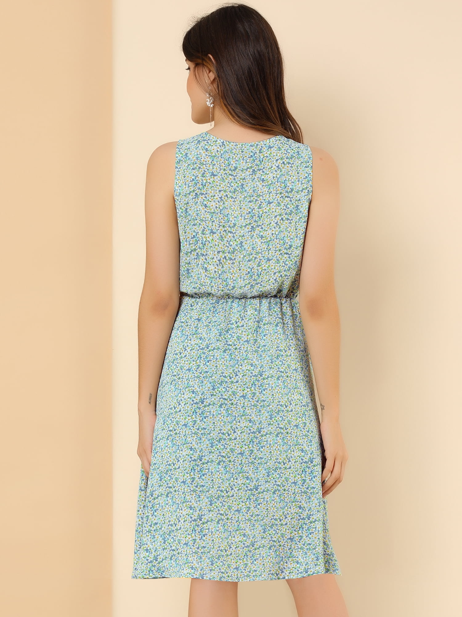DARING DIVA Floral Sleeveless Drawstring Waist A-Line Dress 3XL Light Blue