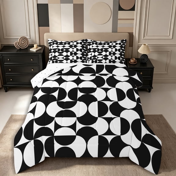 Castle Fairy Abstract Split Circle Full Size Comforter Sets 3-Piece,Retro Curved Bedding Comforter Set,Black White,Reversible,1 Comforter and 2 Pillowcases