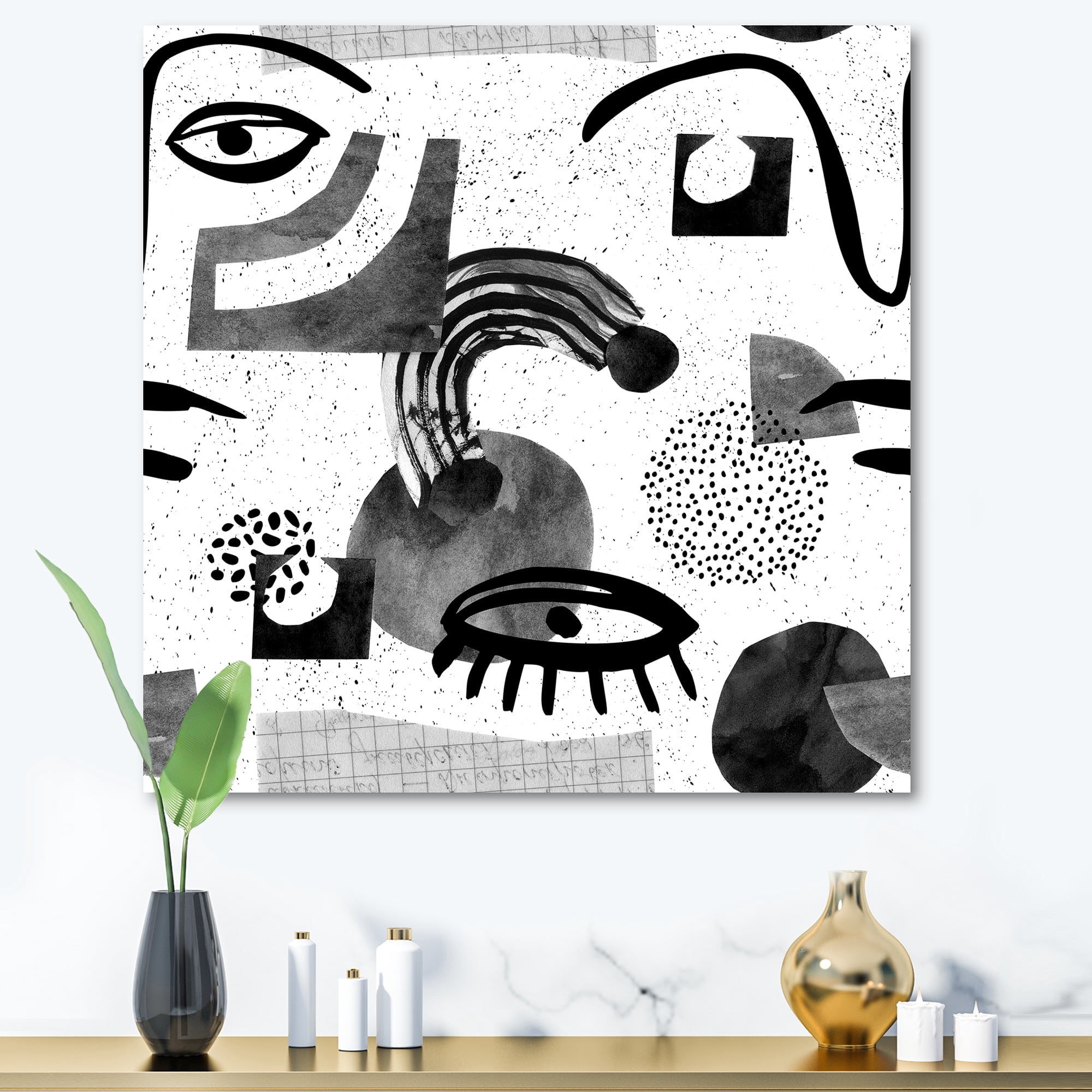 Collage of Eyes And Doodles In Contemporary Style II 36 in x 36 in Painting Canvas Art Print, by Designart