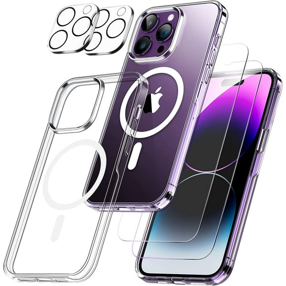 Compatible for iPhone 14 Pro Max Magnetic Case, Crystal Clear 2 Pcs Glass Screen Protectors+2 Pcs Camera Protectors for iPhone 14 Pro Max Heavy Duty Clear Case Compatible with Magsafe