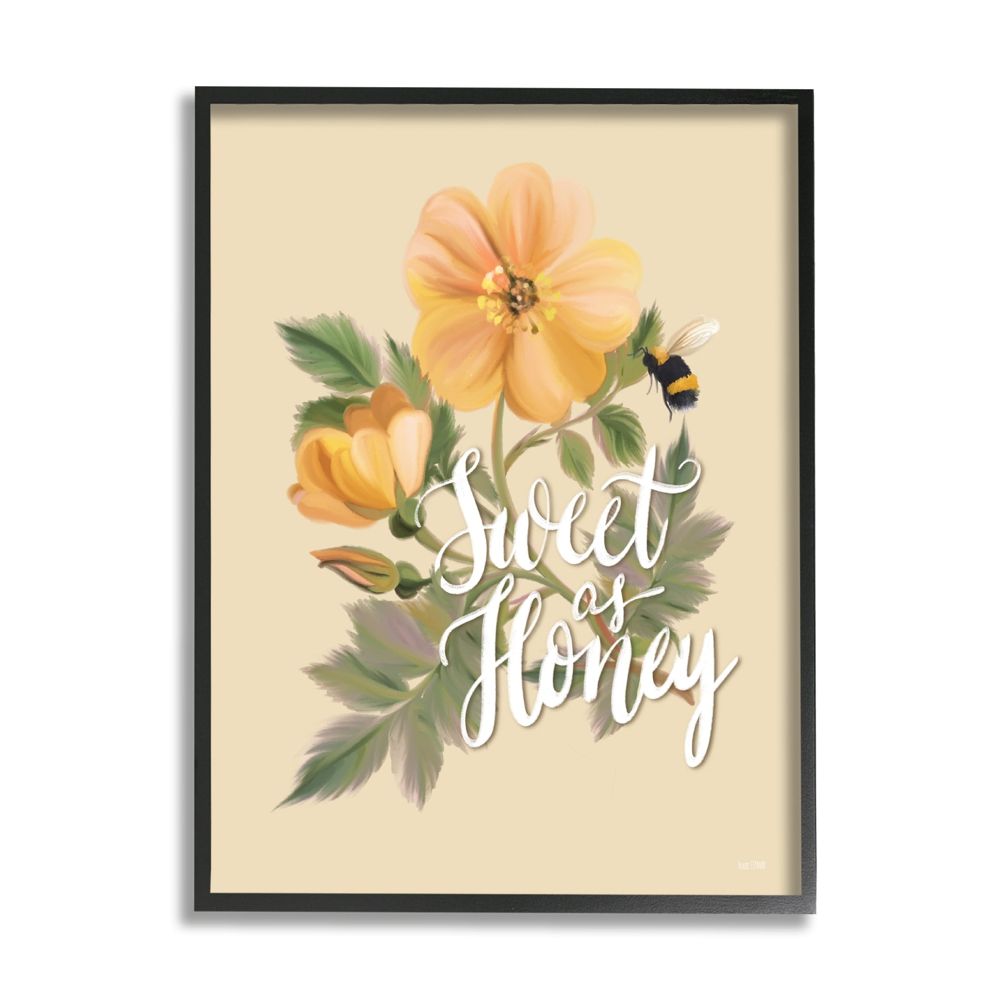 Stupell Industries Sweet as Honey Bumble Bee Yellow Poppy Flower Graphic Art Gray Framed Art Print Wall Art, 16x20, by House Fenway