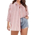 thumbnail image 1 of Hauts Grande Taille pour Femmes Mode Décontractée Couleur Unie Imprimé Col en V Col Rond Manches Longues Chemise Ample à Rayures Boutonnée Chemise Régulière Décontractée avec Manches Ajustables, 1 of 8