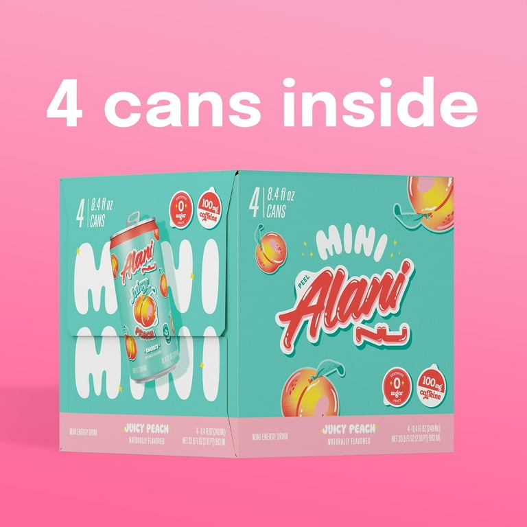 Alani Nu Sugar Free Energy Drink Mini, Juicy Peach, 8.4 fl oz, 4