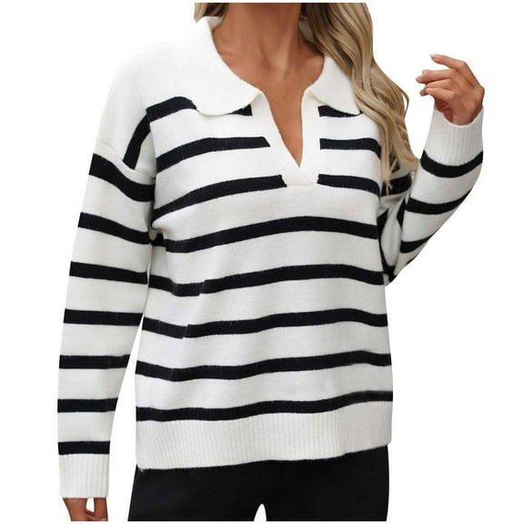 Lmnyox Striped Sweaters for Women Loose Long Sleeve V Neck Collar Sweater Fall Winter Casual Pullover Tops