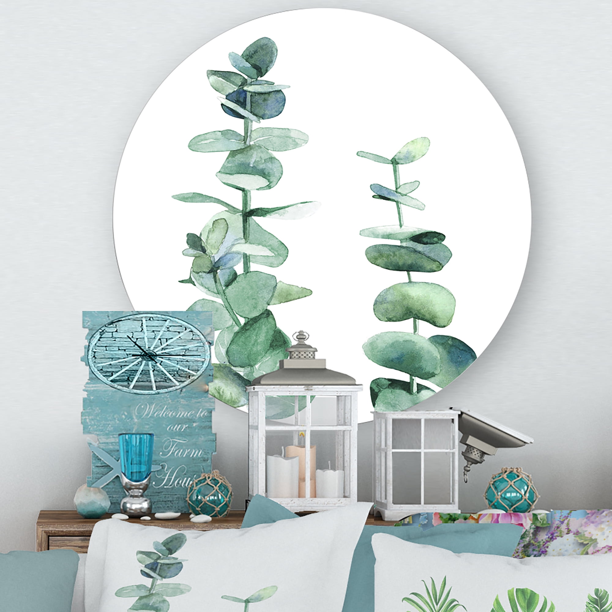 Designart 'Green Eucalyptus Branch' Tropical Circle Metal Wall Art 23x23 - Disc of 23