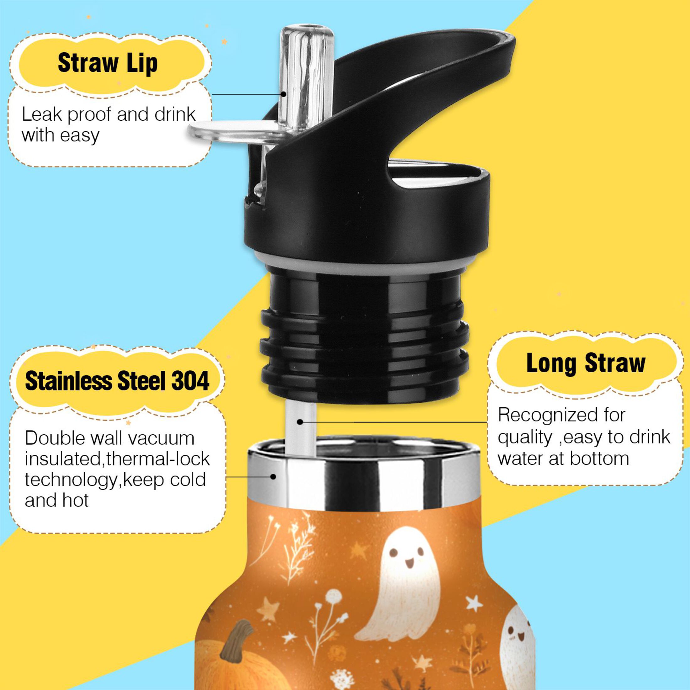 Kids Insulated Stainless Steel Sports Water Bottle 600ml (20oz) Fun Orange Halloween Pattern
