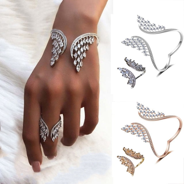 Juego de joyas de plumas con piedras de circonia - Anillo y pulsera ajustables para mujer, regalo glamuroso para ella