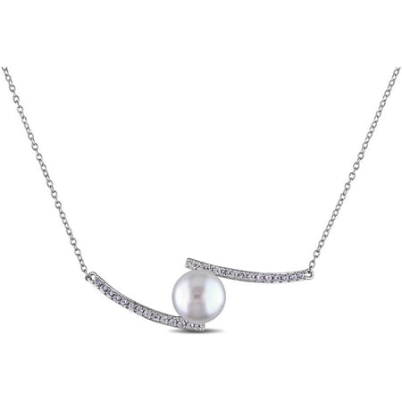Miabella 10-10.5mm White Button Cultured Freshwater Pearl and 3/5 Carat T.G.W. Created White Sapphire Sterling Silver Fashion Necklace, 18