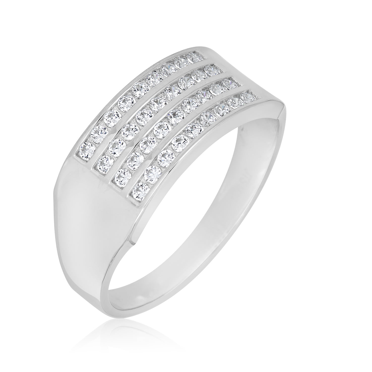 LADIES MEN'S 14K WHITE GOLD ON STERLING SILVER 4 ROW WEDDING CZ'S BAND RING 12MM