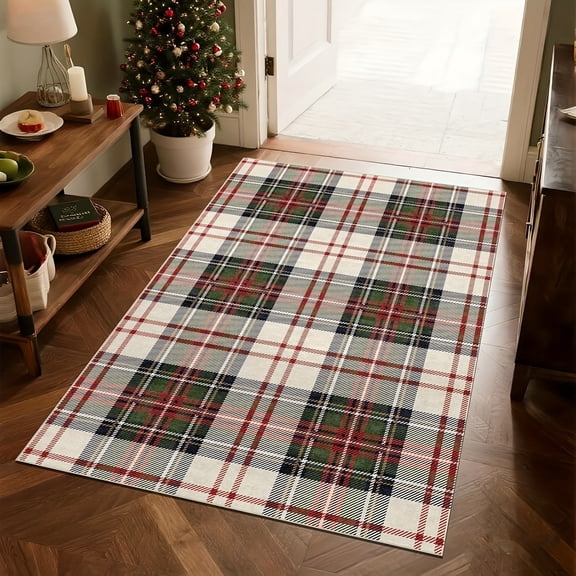 Christmas Entry Rug - Tartan Plaid Indoor Outdoor Mats for Front Door Porch Rug