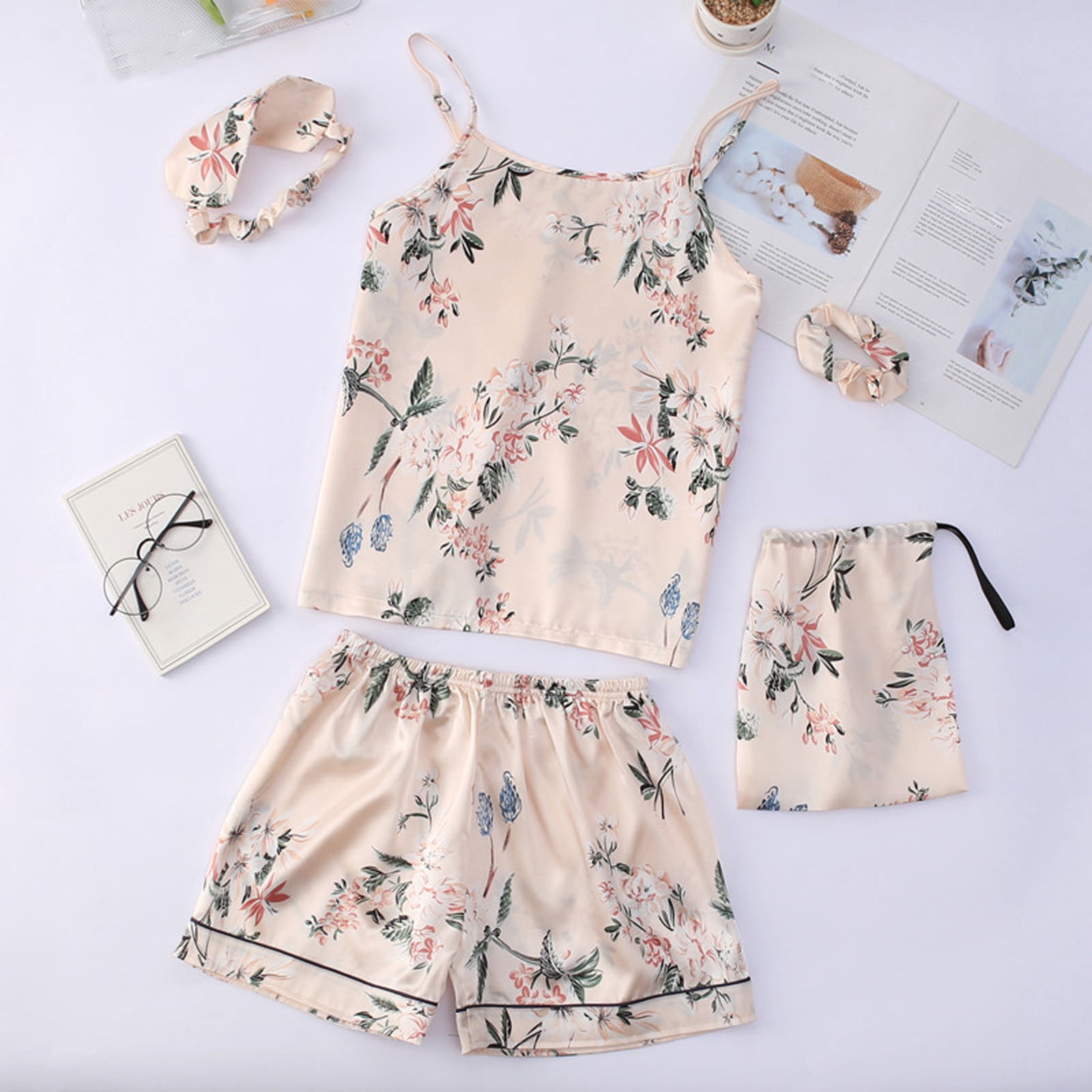 Jovati 7 Pieces Womens Pajamas Sets Faux Silk Pyjama Womens Pajamas Sleepwear Sets Spring Summer Homewear Beige