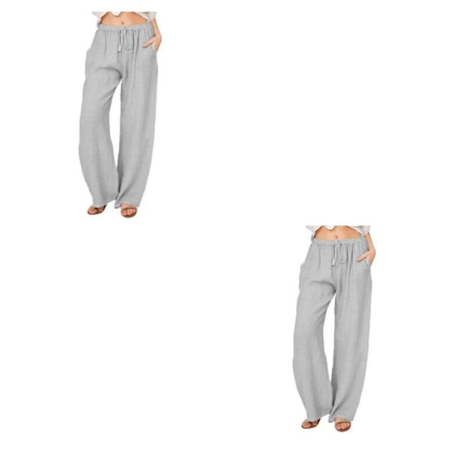 Minnieouse Pantalones de mujer Color sólido Suelto Cintura alta Casual Niñas Señoras Verano Transpirable Lino Pantalón largo Ropa Gris Gris XXXL 2Conjunto