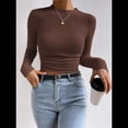 thumbnail image 4 of Tops de Punto Gofre para Mujer, Camisas de Larga, Camisetas Informales Ajustadas con Cuello Redondo, Jerséis Color Café S, 4 of 8