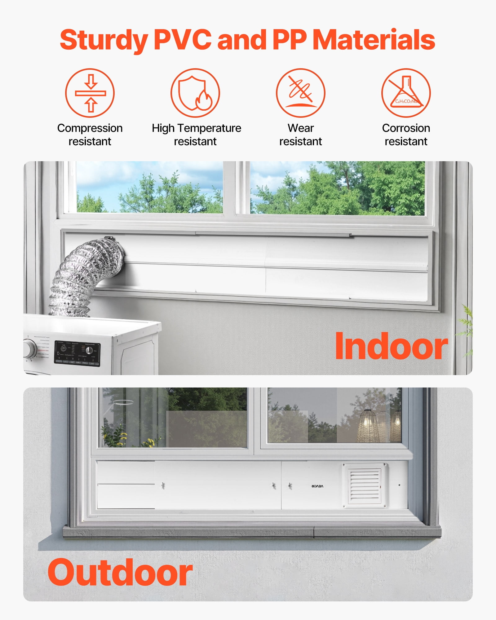 VEVOR Dryer Vent Window Kit, Fits 4-Inch Exhaust Hoses, Adjustable Length for Adapts Sliding Windows of Different Heights, Sturdy PVC and PP Materials, Dual Protections & Multi-layer Sealing Design