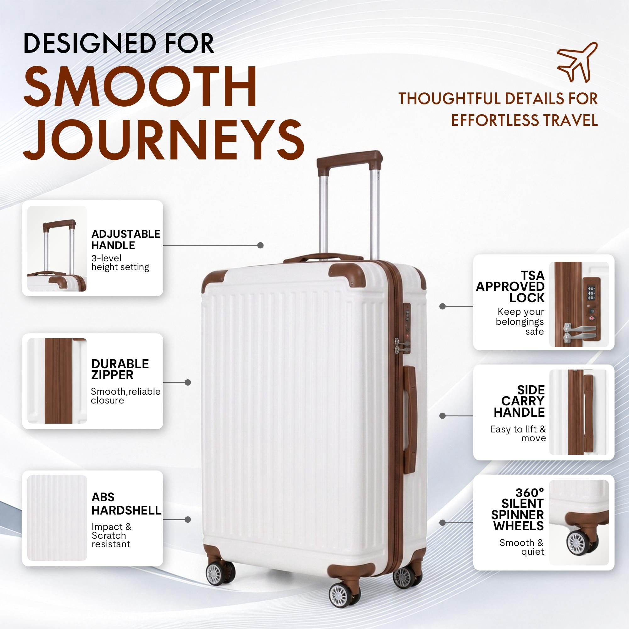 3-Piece ABS Hardshell Luggage Set, Lightweight Scratch-Resistant Suitcases with Silent Spinner Wheels & TSA Lock, White
