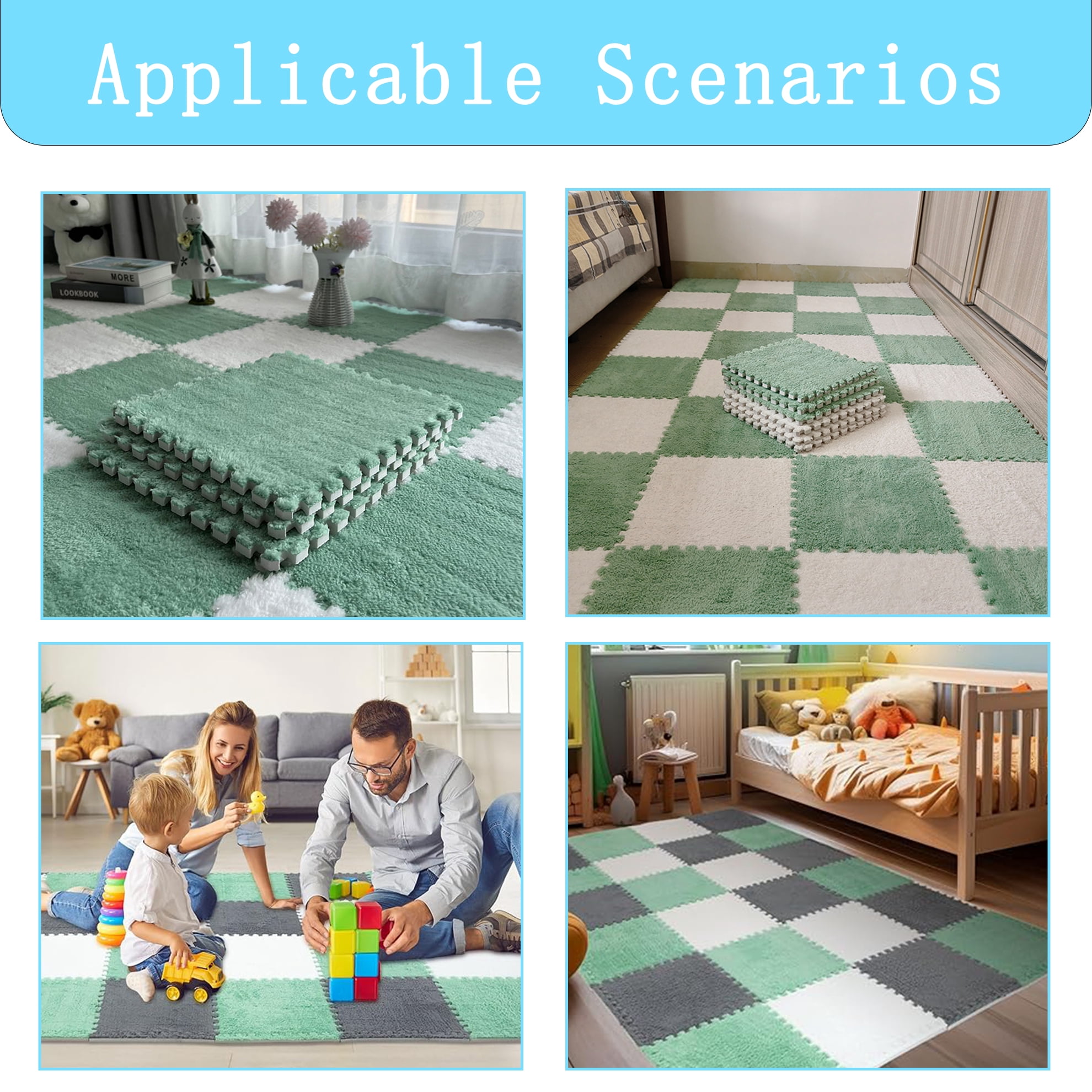 Interlocking Carpet Shaggy Soft EVA Foam Mats Fluffy Square Thickened Plush Tiles Protective Floor Tiles Exercise Play Mat for Children Kids Room Home Parlor Bedroom (Mint Green, 12 Pcs)
