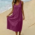 thumbnail image 6 of VBVC Women's Cotton Linen Sleeveless Midi Dress , Summer V-Neck Dresses For Women , Ladies' Button Detail Loose Dress with Pockets,Hot Pink,S-2XL, 6 of 9