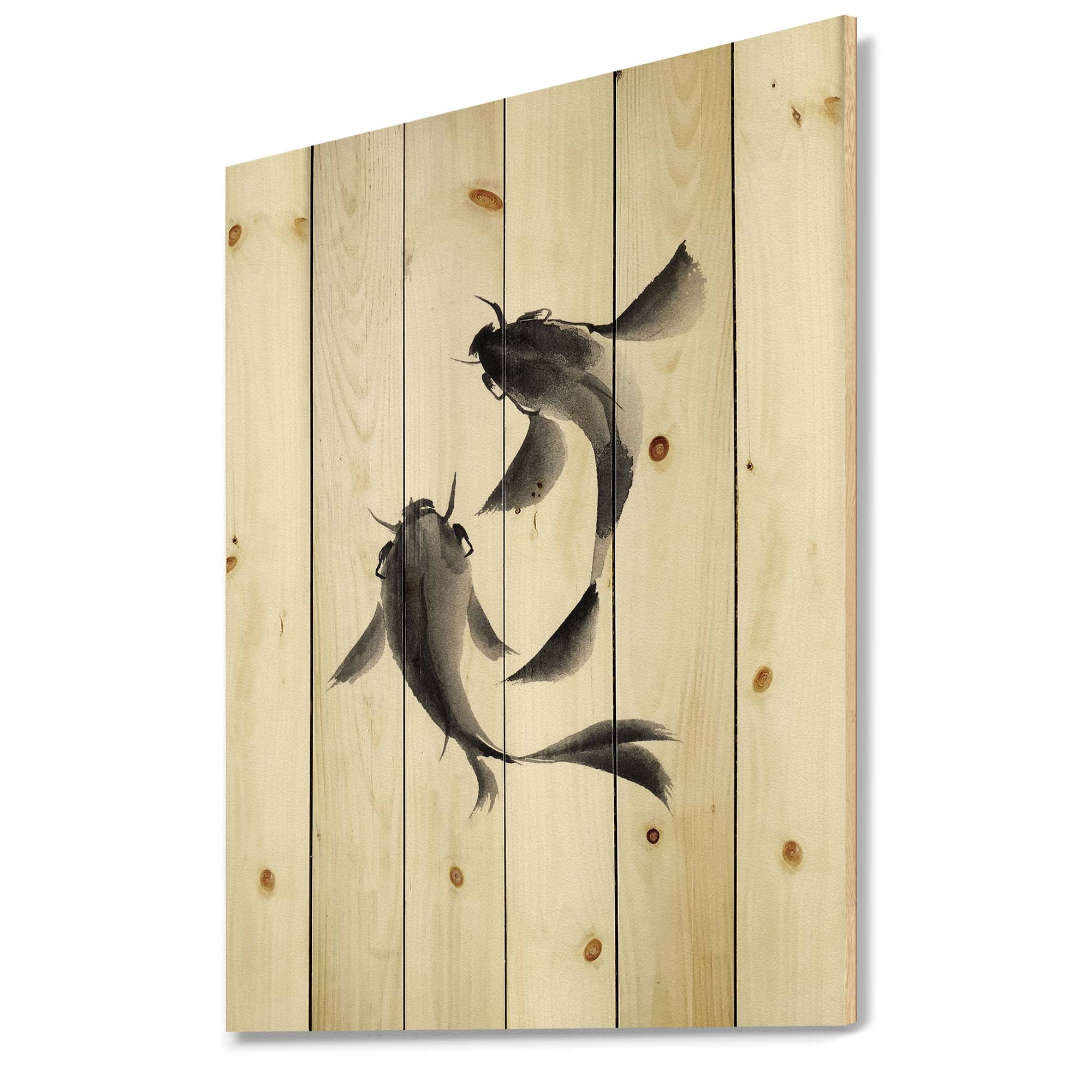 Designart 'Black and White Vintage Fish II' Nautical & Coastal Print on Natural Pine Wood