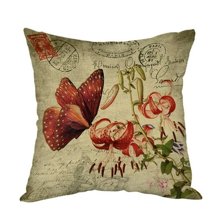 Red Throw Pillow Tayyakoushi Butterfly Pillow,Home Decor Throw Pillow Cover vintage Red Butterfly with Flower Cotton Linen Cushion for Couch/ Sofa/ Bedroom/ Livingroom/ Kitchen/Car 18 x 18 inch Square Pillow case ()