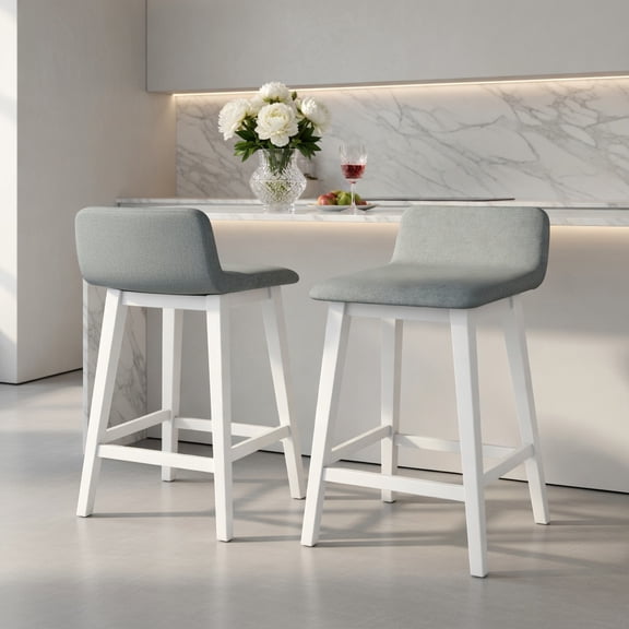 Demi Bonn 24 Inch Counter Height Bar Stools Set of 2, Low Back Rubber Wood Frame, Farmhouse Kitchen Stools, White