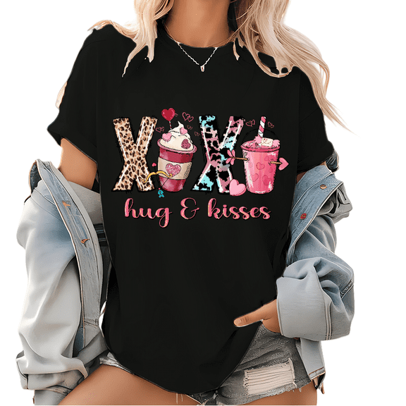 Valentine Pattern T Shirt Valentines Day Coffee Graphic Tops Love Tee Cute Valentine's Day Shirts Black,4XL