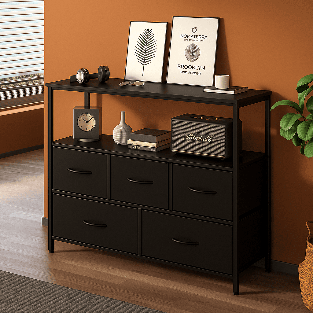 Blazezo TV Stand with 5 Fabric Drawers, Modern Dresser for Bedroom Living Room, Wood Entertainment Center for up to 45 inch TV, Storage Organizer Console Table with Shelf for Small Spaces (Black)