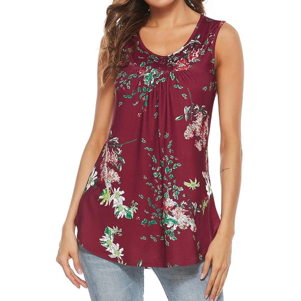 Blusa sin mangas plisada con estampado para mujer, camiseta informal con vuelo, camiseta sin mangas tipo túnica$Camiseta sin mangas plisada con cuello redondo y estampado para mujer de