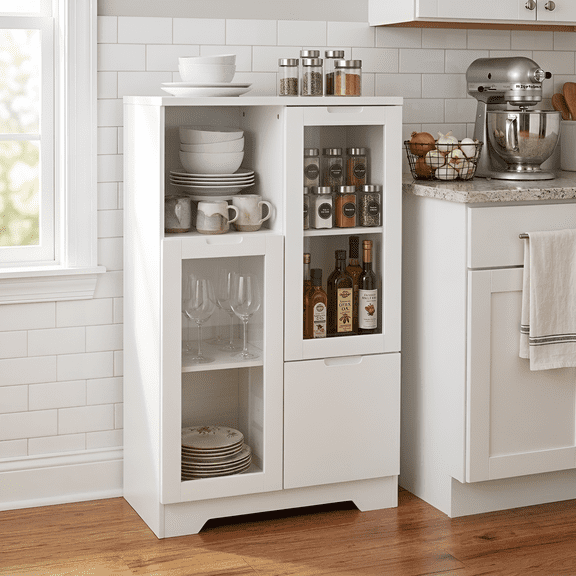 Leumius Sideboard Cabinet with Storage,Buffet Cabinet with Glass Doors & Drawer,Open Storage Cabinet for Living room,White