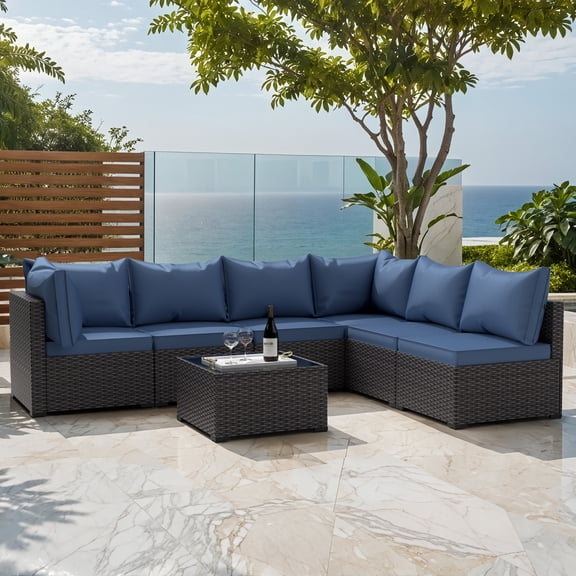 Phonjoroo Patio Furniture Set 7 Pieces Outdoor Patio Furniture Wicker Sectional Furniture Sofa Conversation Sets with Cushions All Weather Outside Patio Seating (Blue)