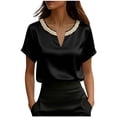 thumbnail image 3 of TaTaai Women's Loose Fit Summer Top Short Sleeve V-Neck Solid Color Pearl Accent Professional Office Casual Blouse Gift, 3 of 5
